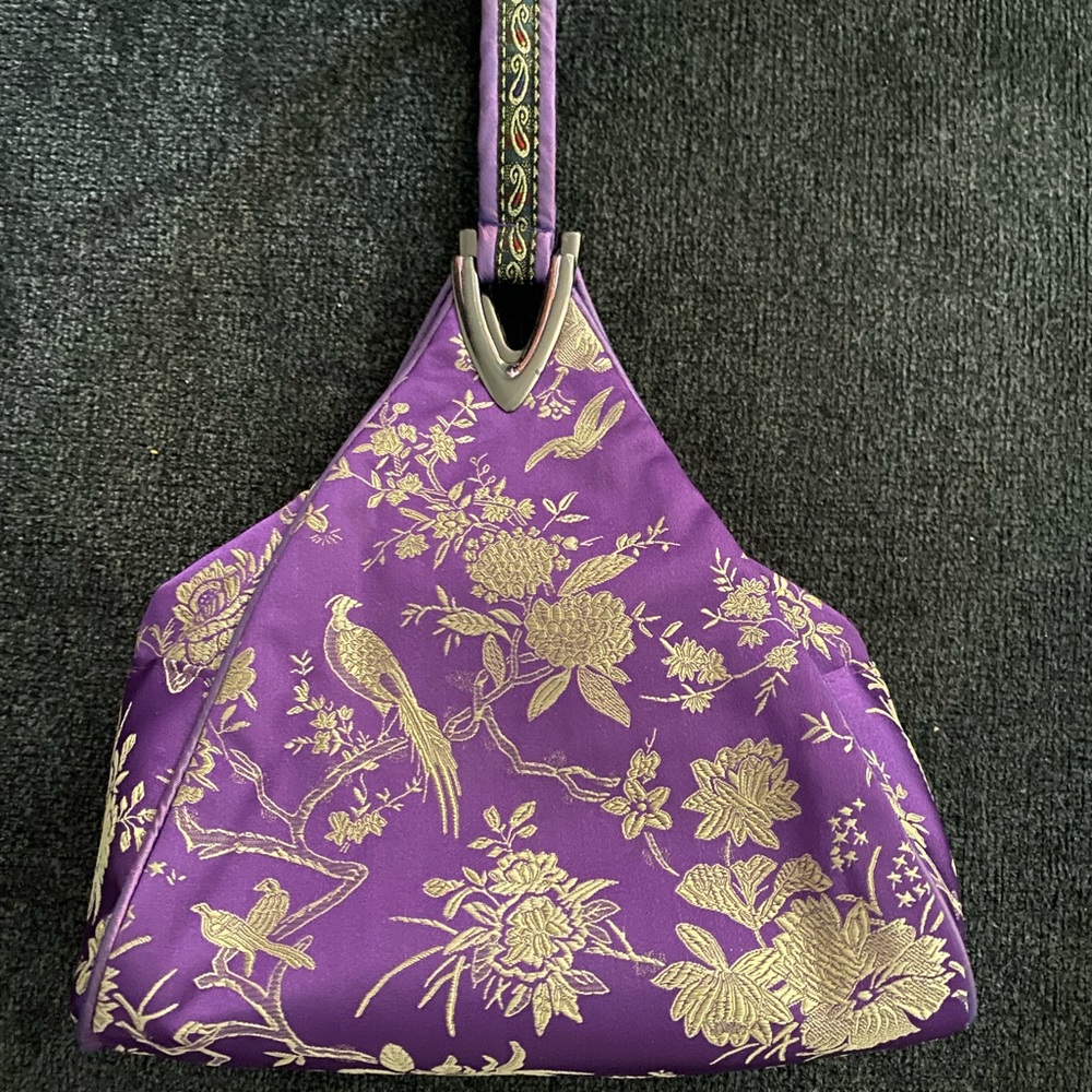 Purple Embroidered Satin Evening Bag